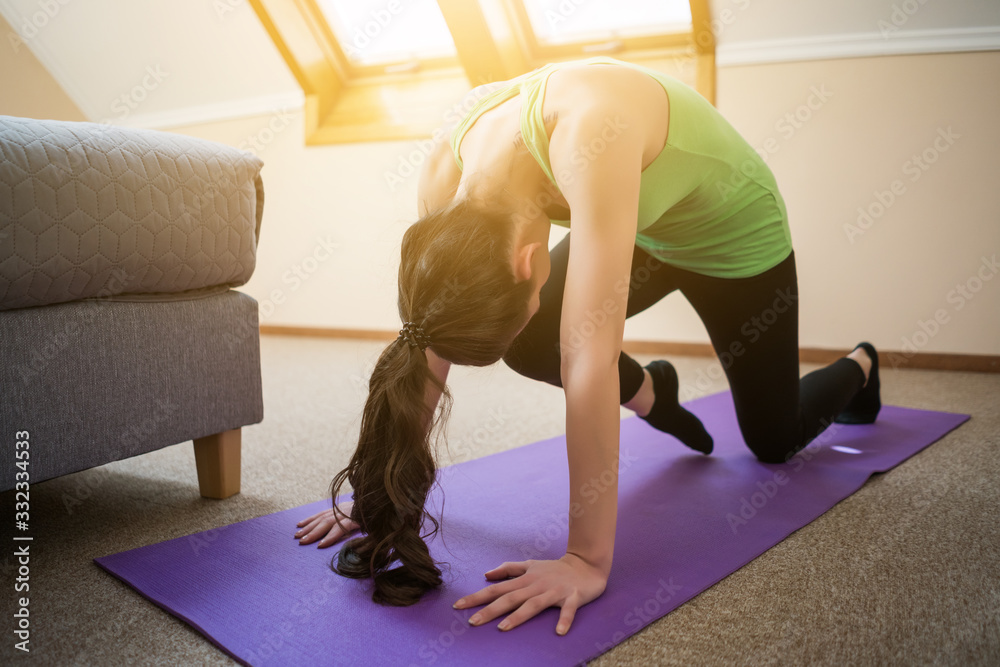 Young woman is practicing yoga at home. Vyaghrasana / Tiger Pose Young woman is practicing yoga at home. Vyaghrasana / Tiger Pose