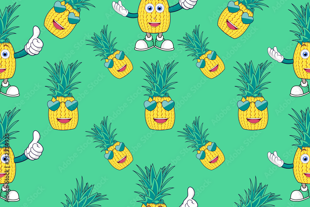 pineapple seamless pattern, illustration vector cute pineapple cartoon character