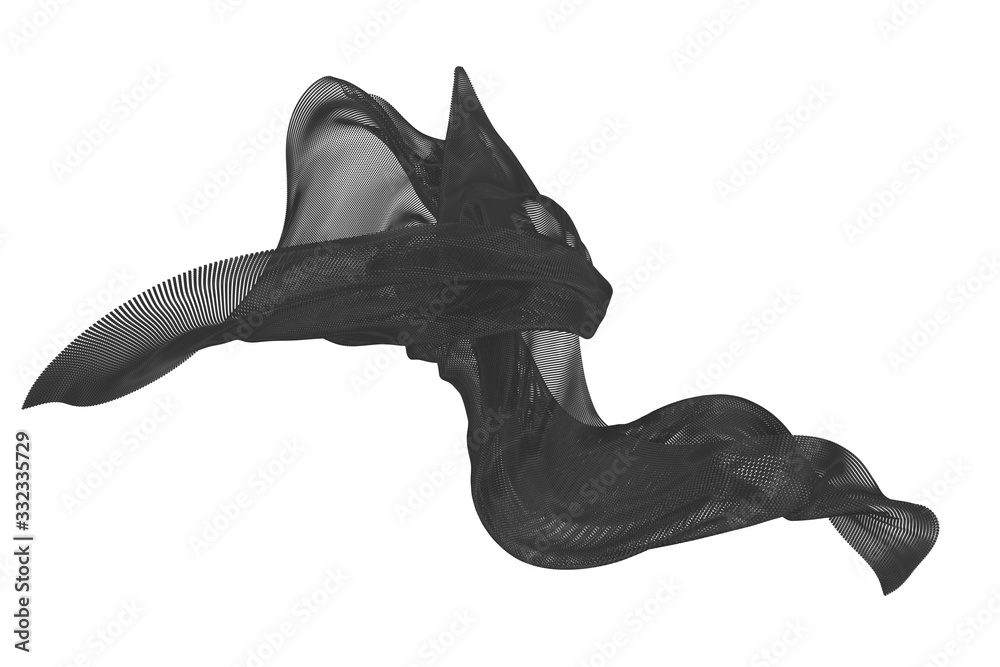 Fototapeta premium Beautiful flowing mesh of small particles. Black wavy shape made of small cubes. 3D rendering image.