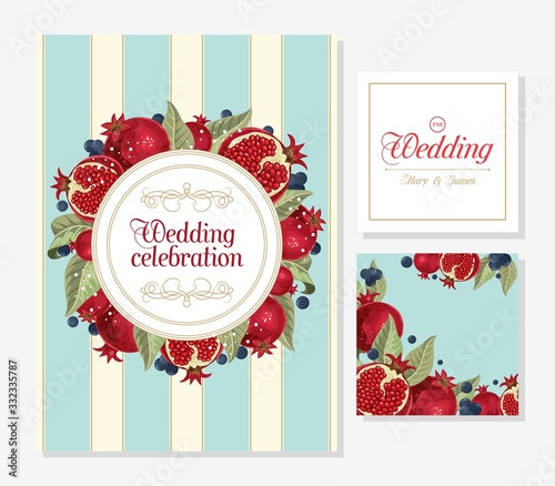 Postcards set with pomegranate and leaves. Design element for a wedding,   birthday, natural and eco cosmetics. Can be used for a poster, invitation , or note.  Vector illustration. Printing on fabric