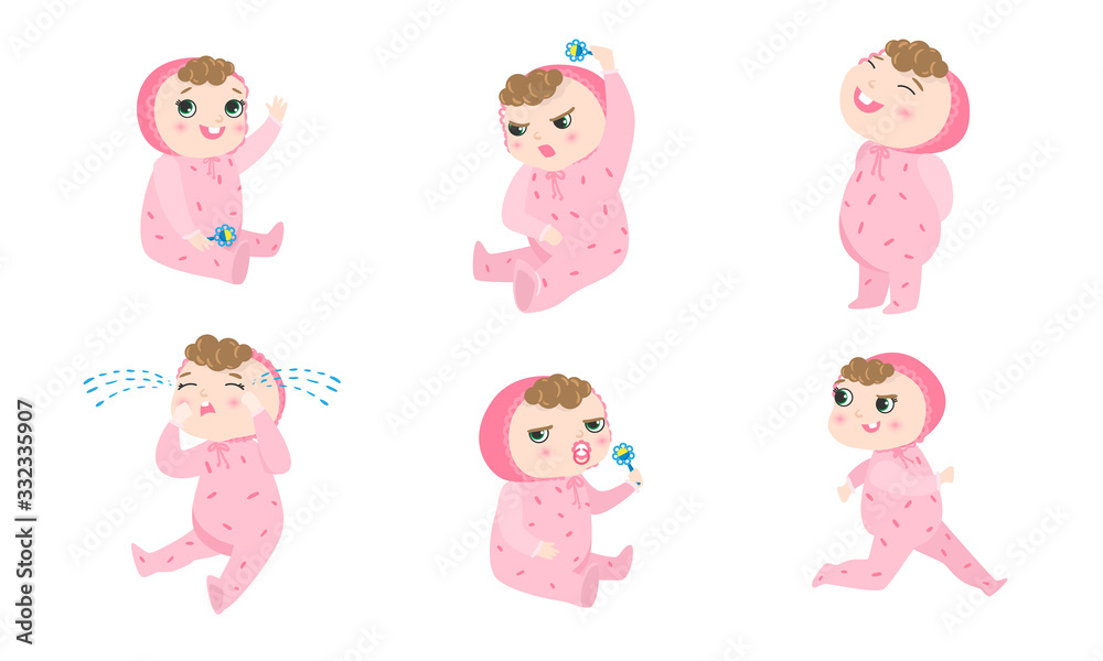 Set of a cute baby in pink pajama with different emotions and situations. Vector illustration in flat cartoon style.