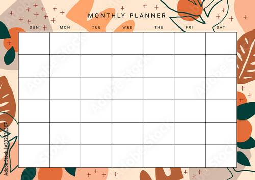 Cute printable Monthly Planner with plants, fruits and abstract design elements. Vector
