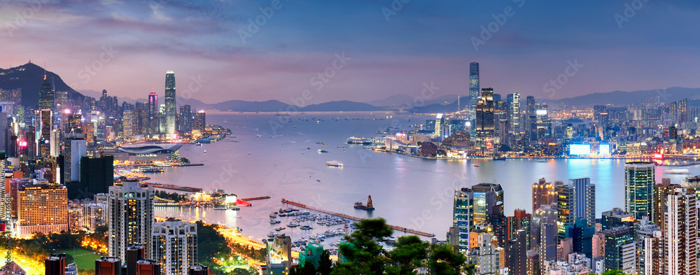 Hong Kong skyline at night, China - Asia - obrazy, fototapety, plakaty 