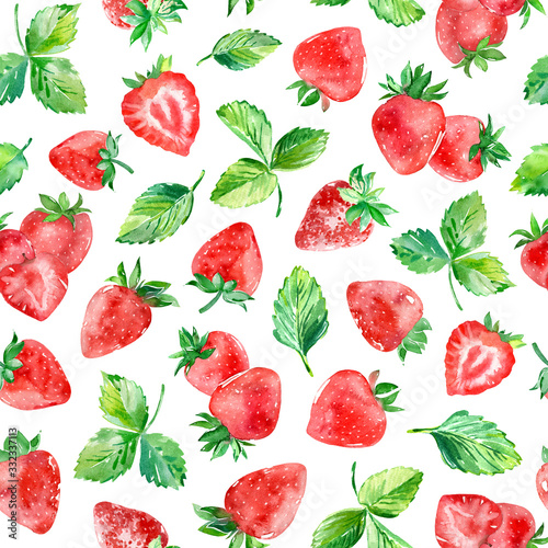 Fototapeta Naklejka Na Ścianę i Meble -  Watercolor strawberry seamless pattern,  berry background