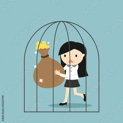 Business concept, Business woman can't get out of the jail. Vector illustration.