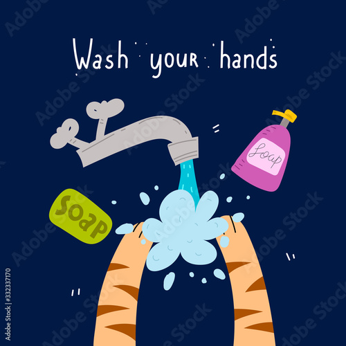  wash your hands. Hand drawn motivation lettering, cat paws, soap, decor elements. Colorful vector illustration, flat style. design for cards, t-shirt print, poster