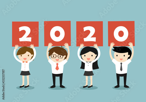 Business concept, Businessmen and business women holding '2020' letters, New year concept. Vector illustration.