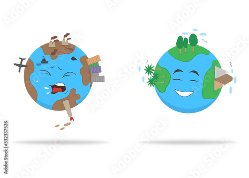 Earth before and after virus, coronavirus. Save planet from pollution icons. Bad and good condition of Earth. Vector EPS 10