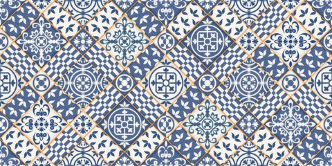 Keuken achterwand Portugese tegeltjes patronen Donkerblauw Marokkaans patchwork dessin  © pgmart