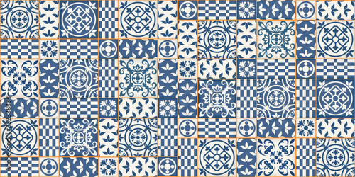 Mediterranean seamless patchwork pattern from dark blue and white Moroccan tiles, Azulejos ornaments. Can be used for wallpaper, pattern fills, web page background,surface textures. Vector