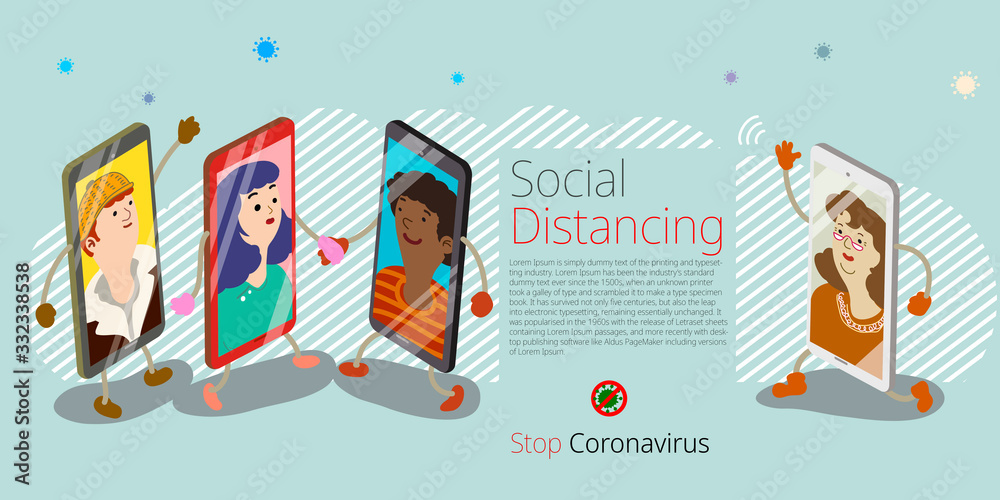 Humanized smartphones, people keep in touch using video call on phones as to avoid being too close to each other in order to prevent corona virus spreading. Flat design vector illustration.