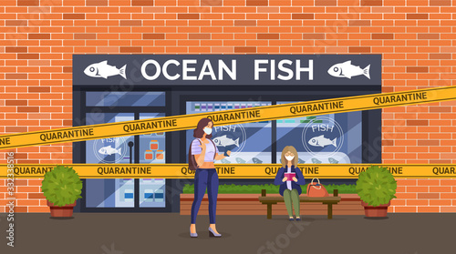 Coronavirus in China. Coronavirus pandemic COVID-19. Group people student elderly wearing protective face masks, protection against chinese virus. Seafoodshop facade quarantined vector