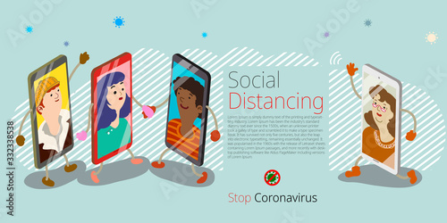 Humanized smartphones, people keep in touch using video call on phones as to avoid being too close to each other in order to prevent corona virus spreading. Flat design vector illustration.