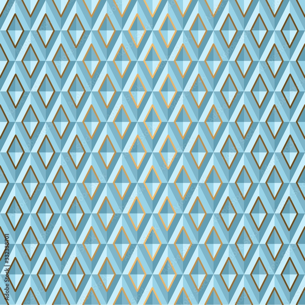 Seamless Blue volume 3D background of geometric shapes, rhombus with gold accents. Templates for wallpaper, printing products, interiors, web design, packaging. Vector