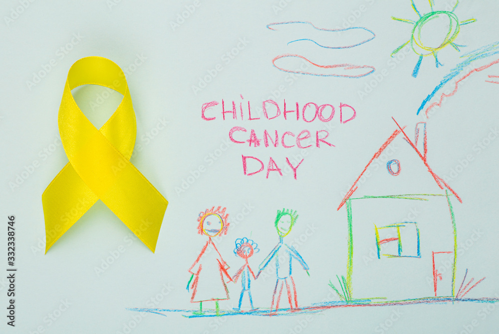 Yellow ribbon, Childhood Cancer Awareness Month. Children healthcare background with child's drawing