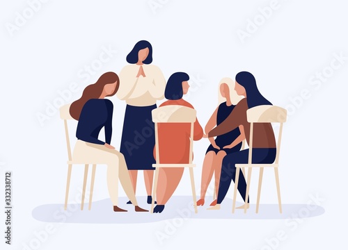 Cartoon female sitting together in circle talking about problem vector flat illustration. Woman discussion at psychological therapy in group isolated on white. People at psychotherapeutic meeting