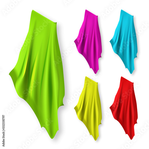 Textiles Napkin Towels Different Color Set Vector. Collection Hanging Kitchen Rags, Softness Cotton Fabrics, Colored Blanket Towels Or Wipe. Laundry Wash Service Template Realistic 3d Illustrations