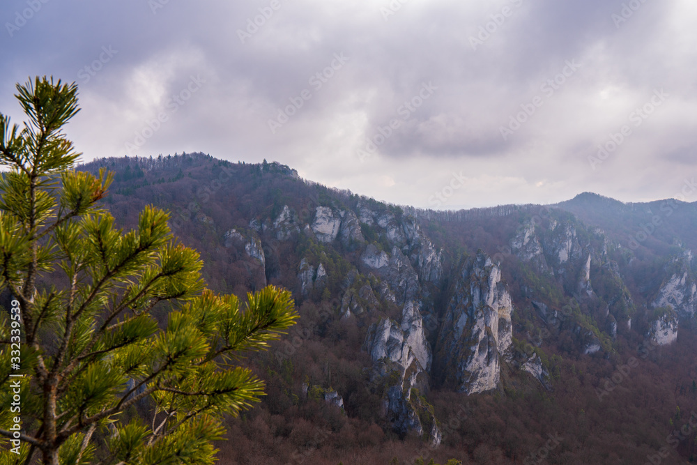 mountain blind men in beautiful landscape after fall still fallen leaves, Slovakia Sulovske rocks