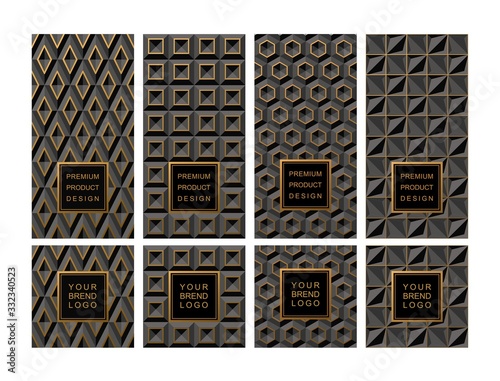 Set Template for package or flyer from Luxury background made by black geometric shapes with gold accents for cosmetic or perfume or for package of tea or for alcohol label or for advertising jewelry