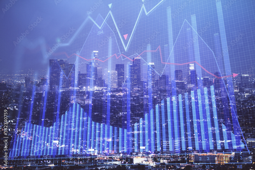 Financial graph on night city scape with tall buildings background double exposure. Analysis concept.