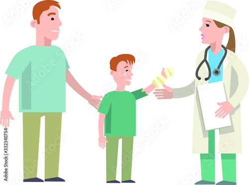 Dad and child at the doctor’s appointment. A doctor in a medical uniform examines a boy with a broken arm. Flat illustration in vector style.