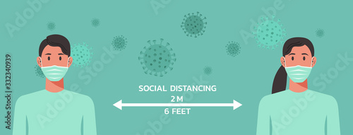 woman and man character with surgical or medical face mask maintain social distancing to prevent virus spreading and flu prevention, coronavirus, social isolation, self quarantine, new normal concept