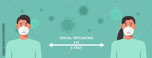 woman and man character with n95 mask maintain social distancing to prevent from virus spreading and flu prevention, coronavirus, social isolation and self quarantine, new normal concept