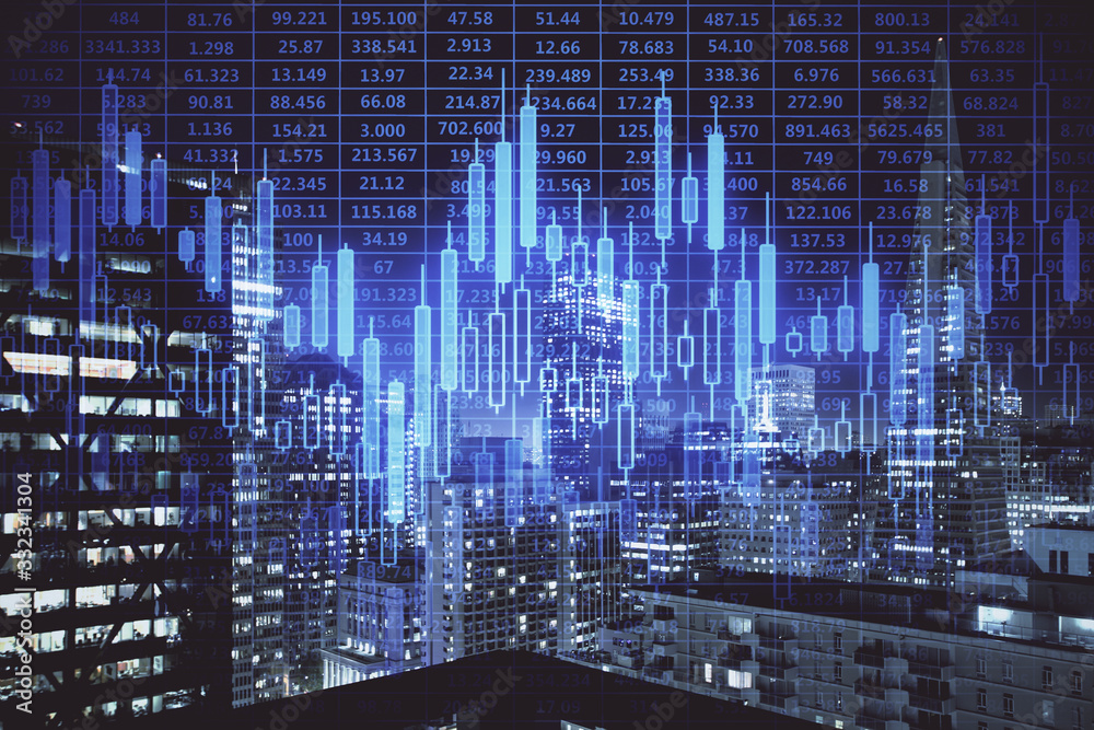 Financial graph on night city scape with tall buildings background multi exposure. Analysis concept.