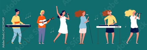 Girls band. Female musicians and singers with musical instruments. Women singing team vector characters. Illustration concert singer, performance band