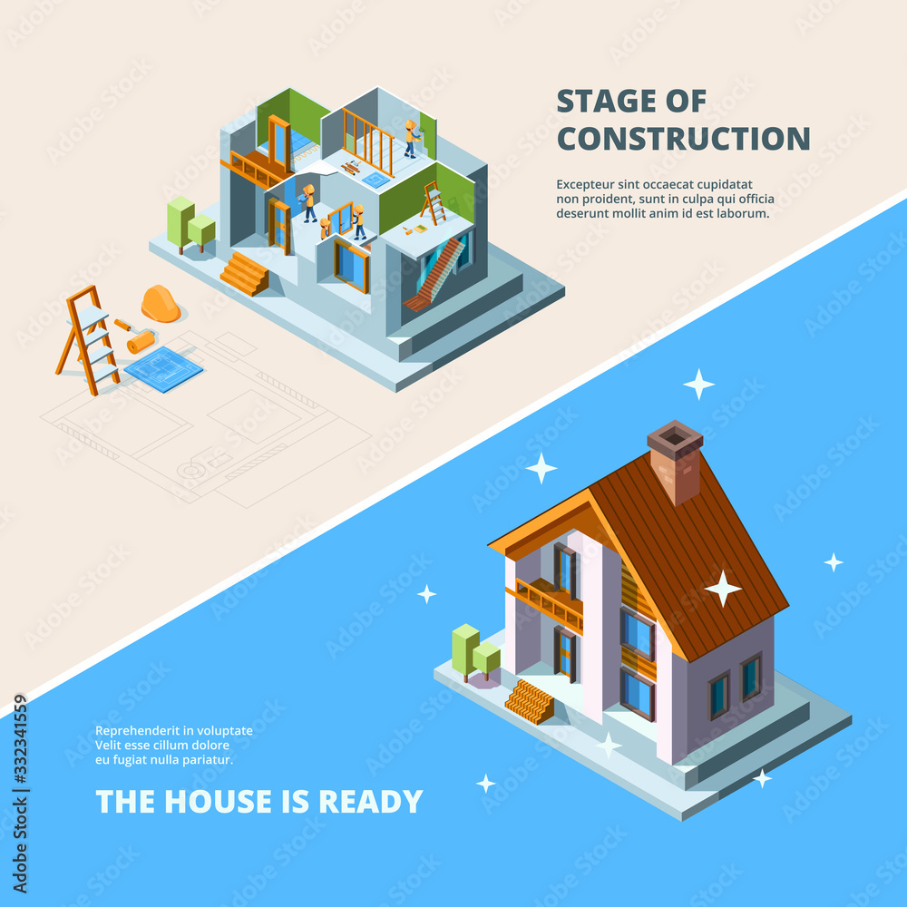 House construction. Repair roof renovation building vector isometric picture for banners. Renovation house, construction home, repair residential building illustration