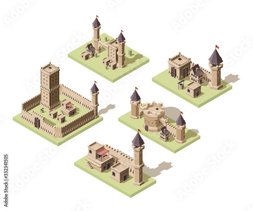 Castles low poly. Video game isometric assets medieval buildings from old rocks and bricks 3d houses vector old fort. Castle medieval architecture, stronghold building kingdom illustration