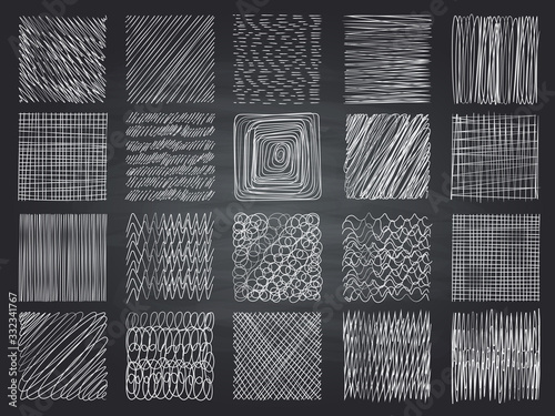 Hatching textures. Pencil sketching shading grunge effect vector patterns collection. Art scratch stripe, chaotic pencil doodle scribble illustration