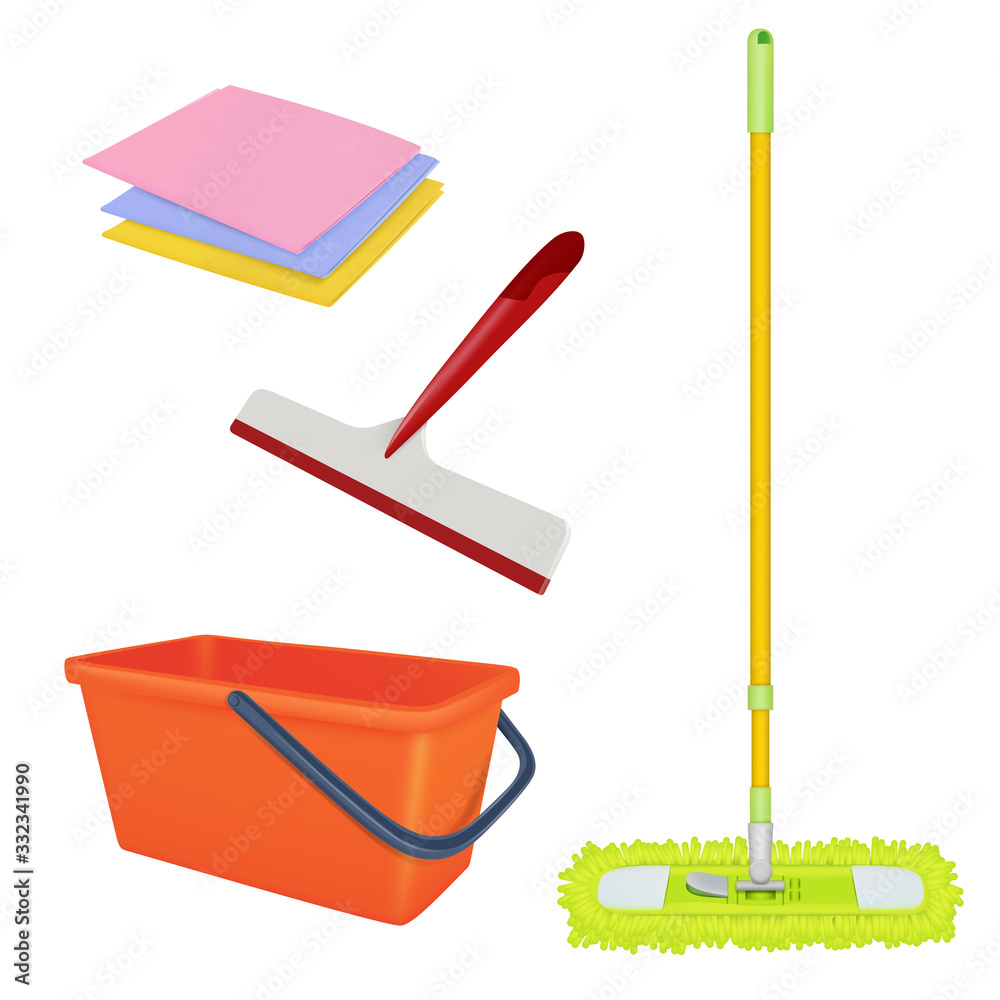 Cleaning service equipment. Bucket brush floor broom washing tools vector realistic set. Brush broom, cleaner equipment, bucket for housework iillustration Cleaning service equipment. Bucket brush floor broom washing tools vector realistic set. Brush broom, cleaner equipment, bucket for housework iillustration