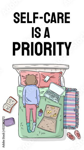 Self-care is a priority. Charge your inner battery. Motivational cartoon postcard. Vertical vector banner for social media and stories. Girl procrastinating on the bed. Mess at home