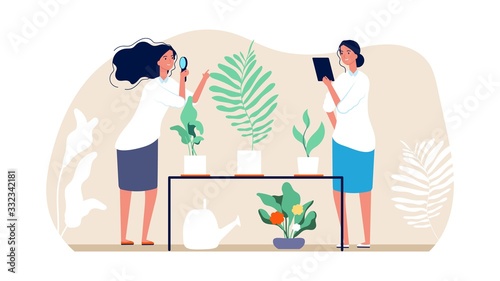 Planting and gardening. Florists women, home garden concept. Botanists study plants in pots. Harvesting, work in greenhouse or botanical garden vector illustration. Florist gardening plant growth