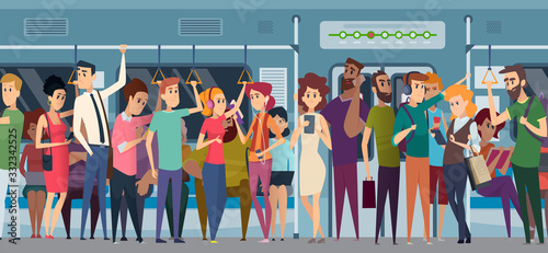 Subway rush hour. Crowd in urban metro daily rushing people going to the work travellers in train with phone and books vector cartoon characters. Illustration crowd metro city, public transport subway