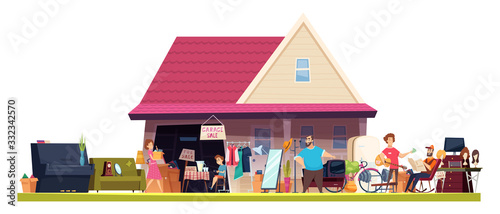 Flea market. Shopping marketplace vintage toys books furniture vector people sellers cartoon collection. Flea market and garage sale, fashion furniture and antique illustration