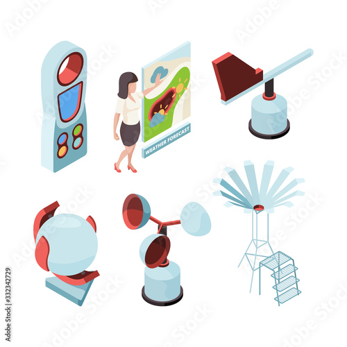 Weather equipment. Meteorologic station observing office forecast presenter place vector isometric set. Weather equipment measurement, temperature meteorology illustration