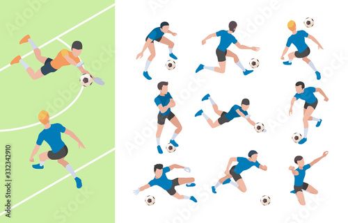 Soccer characters. Isometric athletics persons football players sprinting on field vector 3d people. Soccer athlete, goalkeeper isometric, player team illustration