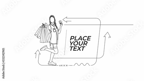 Fashion girl with shopping bag Poster. Flat line art Vector illustration.