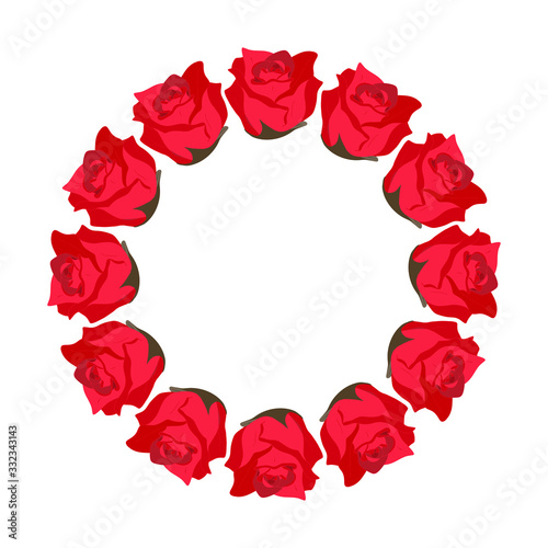 Round frame of red roses. Rose is drawn by hand. Bud, button. Greeting card element. Web frame. Frame for games. Vector.