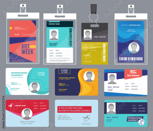Personal card id. Male or female passport or badges personal office manager business tags vector design template. Personal identity for security, id personalize illustration