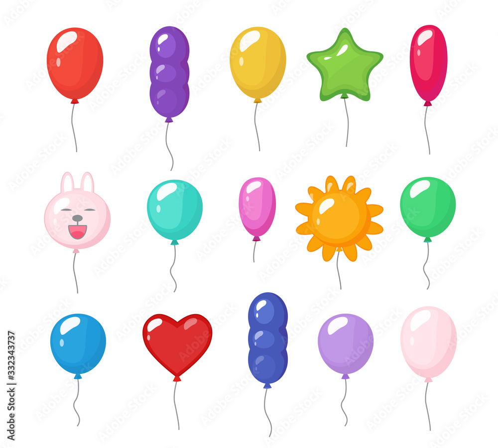 Cartoon balloons. Festive entertainment bright reflections colored items shiny flying toys for party vector rubber air balloons. Birthday bright air helium balloons heart star and sun illustration