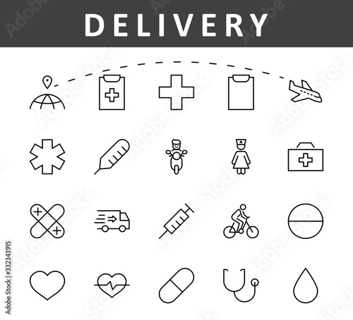 Set of Medicine vector line icons. It contains the first aid kit, nurse, syringe, thermometer, plastic, pills, heart, drop of blood, palpitation and much more. Editable Stroke. 32x32 pixels.