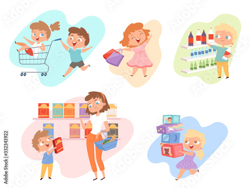 Kids shopping. Children playing in grocery market fashioned family happy kids vector. Kid shopping grocery or market, happy people in shop illustration