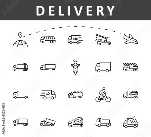 Truck Set of Transport Vector Line Icons. Contains such Icons as Truck, Transportation, Tow Truck, Cranes, Mixer, Garbage Truck, Manipulators, Delivery service and more. Editable Stroke. 32x32 Pixels