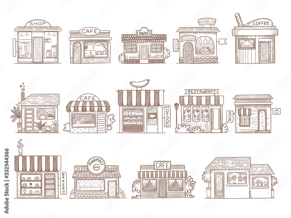 Hand drawn buildings. Pharmacy shop bar and restaurant market vector illustrations. Pharmacy and market facade, coffee shop linear