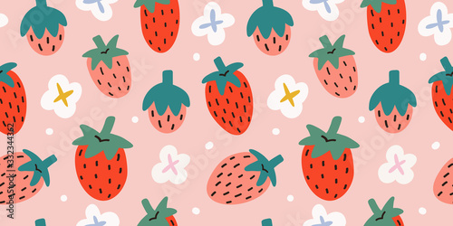 Strawberries pattern, colorful seamless vector pattern with cute hand drawn summer berries, seasonal dessert, pink and red fruit, good as fabric print, colored cartoon illustrations