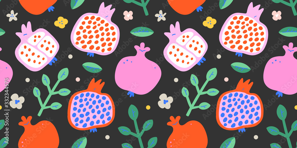 fr-vg-patternsPomegranate fruit pattern, red juicy halves with leaves and seeds, colorful doodle modern art, hand drawn vector illustration, seamless vector background for summer, good as print for fr-vg-patternsPomegranate fruit pattern, red juicy halves with leaves and seeds, colorful doodle modern art, hand drawn vector illustration, seamless vector background for summer, good as print for