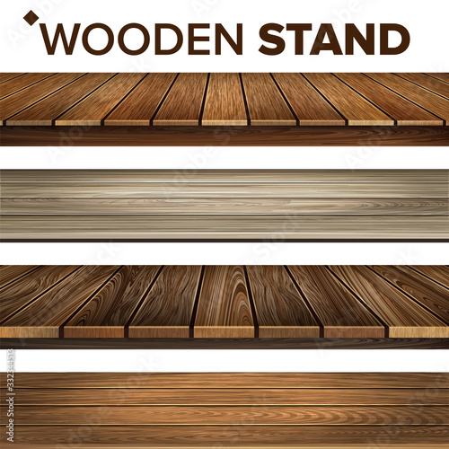 Wooden Stand And Platform Collection Set Vector. House Veranda, Wood Material Platform And Dark Color Desk Paneled Floor. Plank And Parquet Interior Details Layout Realistic 3d Illustrations